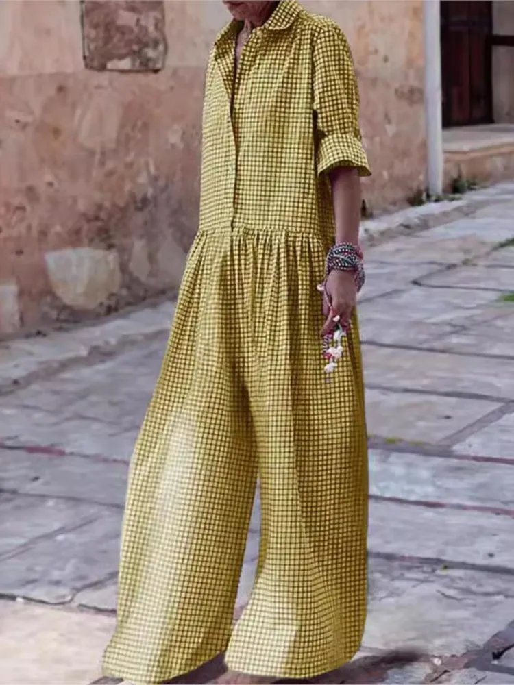 Dames casual geruite jumpsuit mode lange mouw wijde pijpen broek losse jumpsuits voor vrouwen streetwear dameskleding lente nieuw