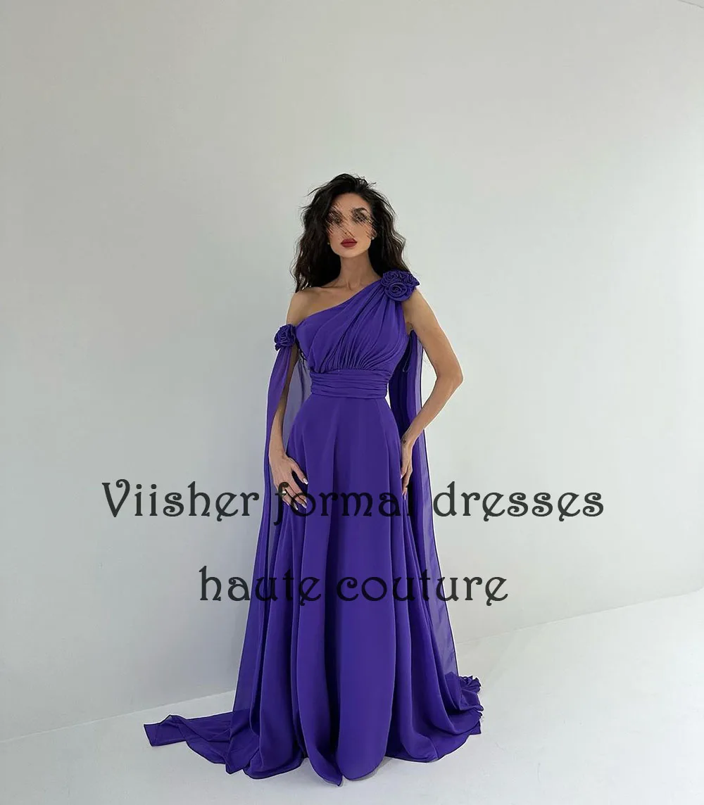 Viisher abiti da sera in Chiffon viola una spalla una linea arabo Dubai abito da ballo formale abiti da sera lunghi fino al pavimento