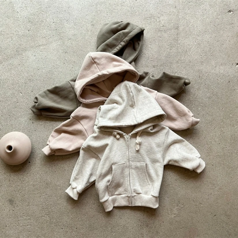 Korean Style Solid Thin Autumn Hooded Baby Hoodies Long Sleeve Loose Zipper Pocet Casual Sweatshirt Unisex