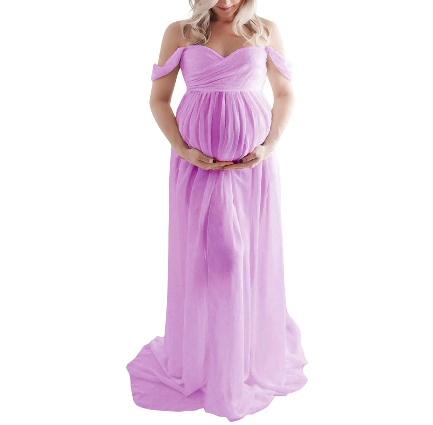 Maternity Dresses for Photo Shoot Off ShouldeShort Sleeve Mesh Sheer Split Long PregnancyDress Women Maternity Clothes