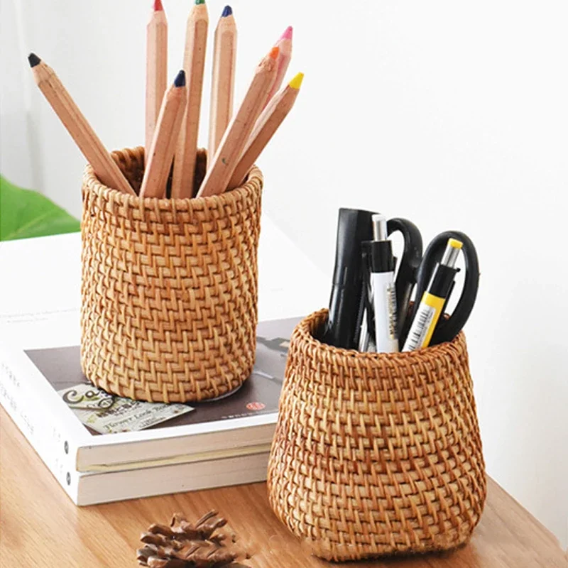 

Handmade Pen Holder Woven Wood Vine Rattan Stationery Container Storage Box Organizer Students Gifts Office School Desk Supplies