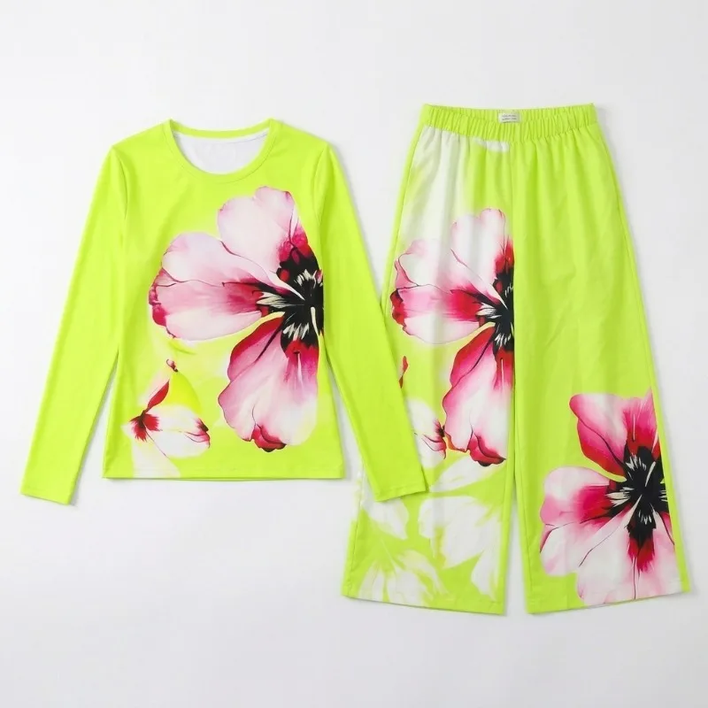 

Uoozee 2026 New Floral Printed Long Sleeves Tops & Elastic High Waist Wide Leg Pleated Pants Elegant 2 Piece Set For Ladies