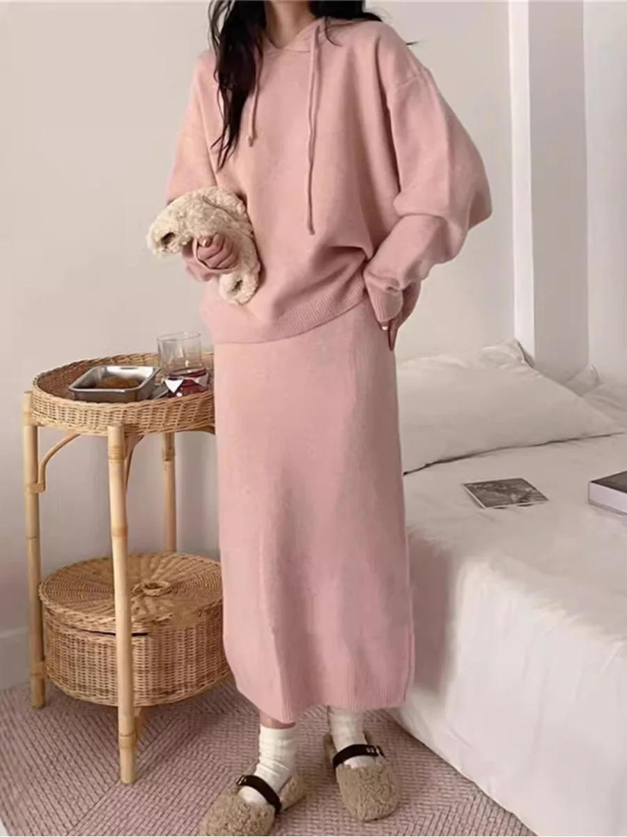 Jupe ample bureau dame Pull décontracté Pull Femme 2025 coréen Pull décontracté femmes ensemble à capuche solide deux pièces haut tricoté