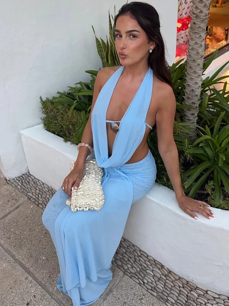 Sexy Dress Set Women Halter Crop Top And Maxi Skirt Matching Sets Female Elegant Beach Club Party Skirt Two Piece Set image 6
