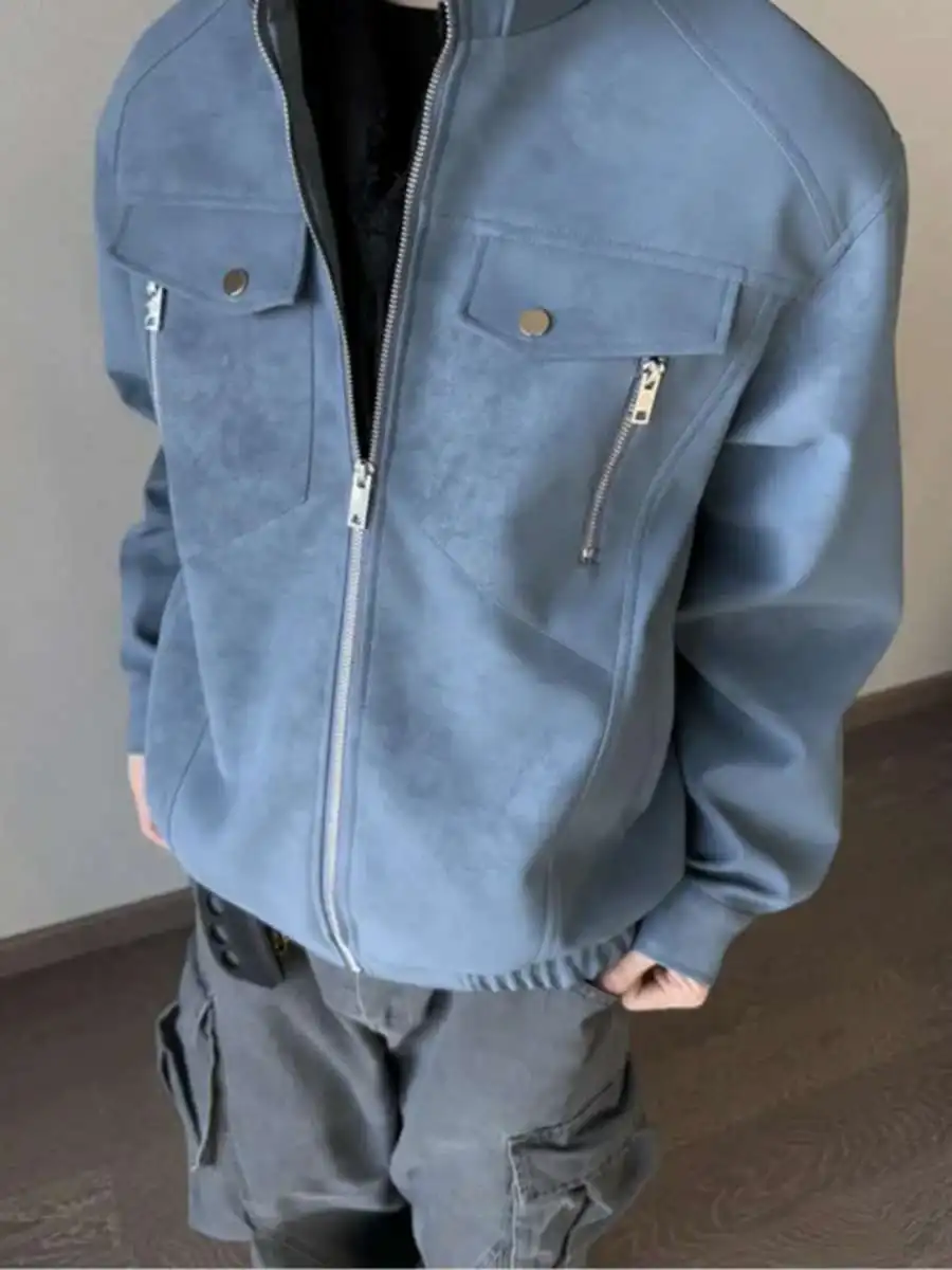 

Spring Autumn PU Leather Jaet Men's Vintage Distred Stand Collar Loose Fit Sli Outerwear for Young Adults