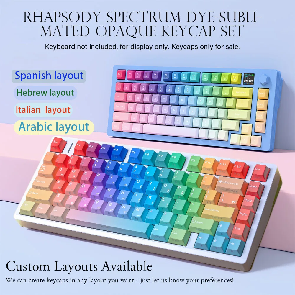 レインボーキャンディキーキャップ-pbt-チェリーハイト-ヘブライ語-スペイン-スイス-イタリア-ポルトガル-レイアウト-iso-五面昇華キーキャップ
