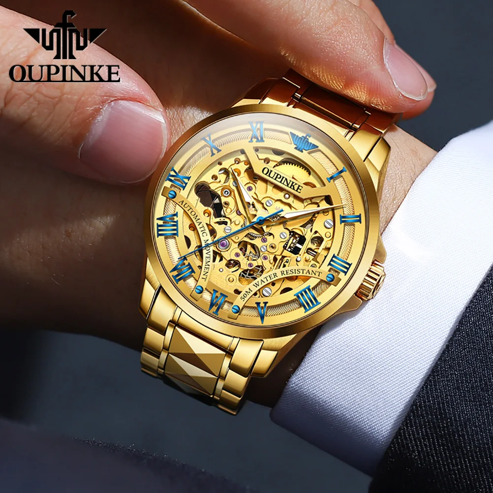 OUPINKE 3210 High-end Automatic Mechanical Wrist Watches for Men Fully Hollow Retro Roman Numeral Scale Original Brand Man Watch