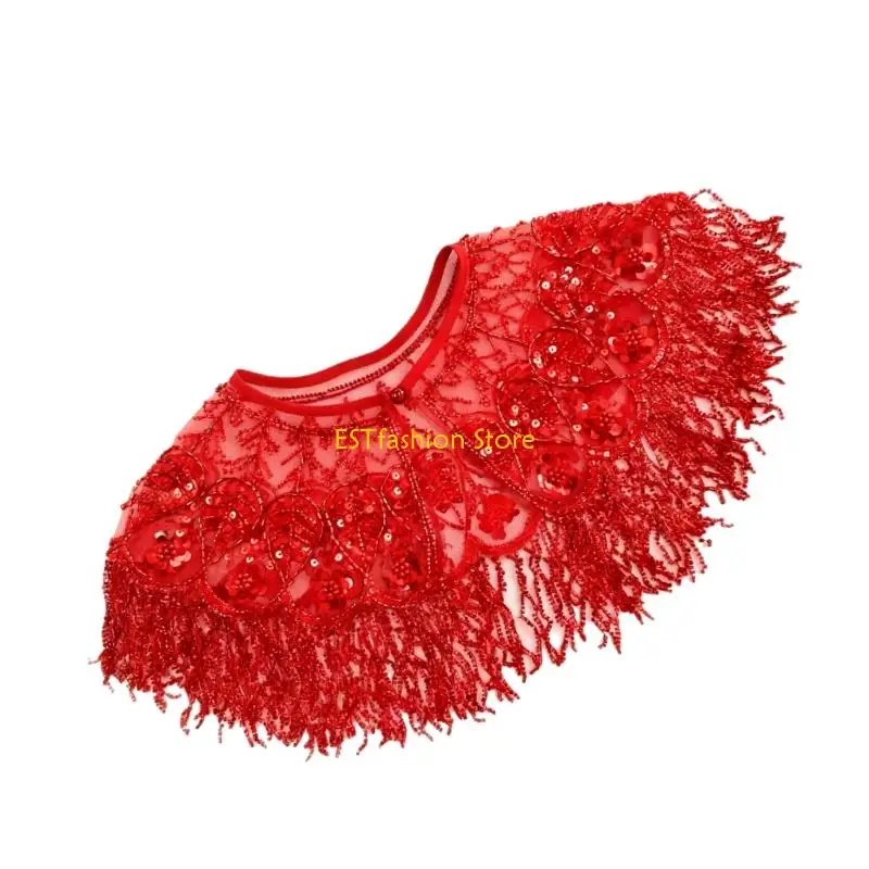 Y5GC Handmade Beaded Fringe Shawl Elegant Wedding Party Accessory Lightweight Polyester Shoulder Wrap For Women