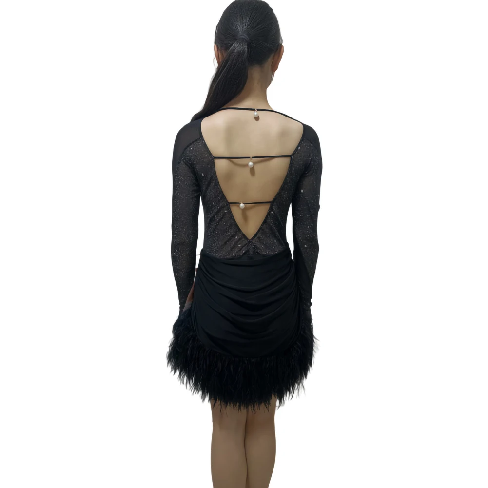 جديد اللاتينية الرقص المنافسة زي جولة الرقبة صف فستان رقص المرأة أسود طويل الأكمام قطرة الغراء شبكة التدريب اللباس