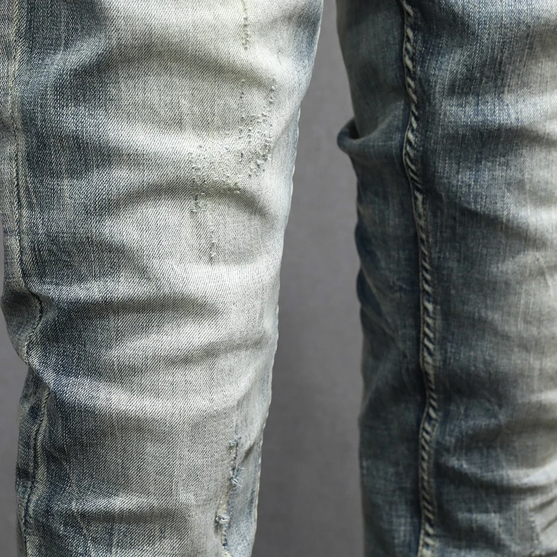 Italian Style Fashion Men Jeans Retro Washed Elastic Stretch Slim Ripped Jeans Men Trousers Vintage Designer Denim Pants Hombre
