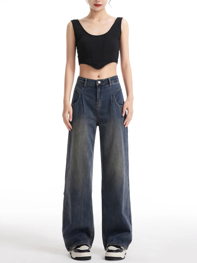 

Loose Vintage Denim Wide Leg Pants Circular ket Design Faded Color Durable l Waist Zipper Closure Ladies Jeans