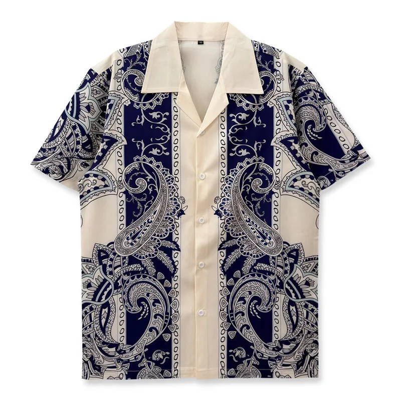 Luxury Print Paisley Shirt Men Designe Summer Beach Party Club Shirt Fashion Vintage Contrast Stitching Pattern Short Shirt Men