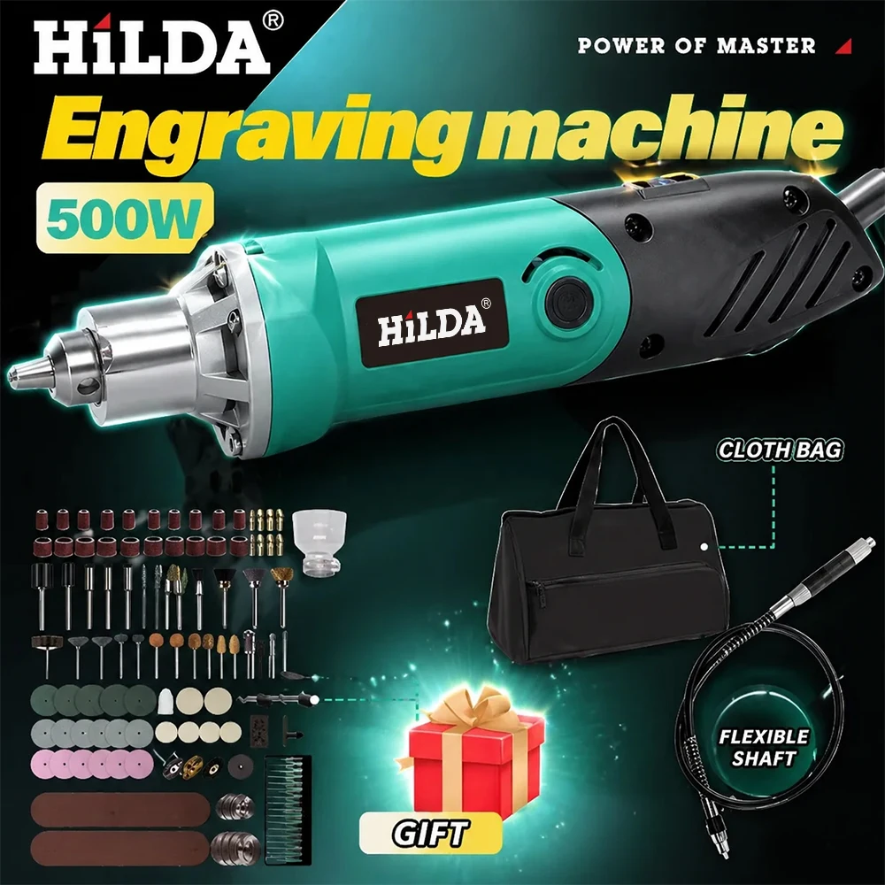 HILDA 500W Green Electric Drill 6 Speed Adjustable High Power Rotary Tool Set Woodworking Grinder Polishing Cutting Tools