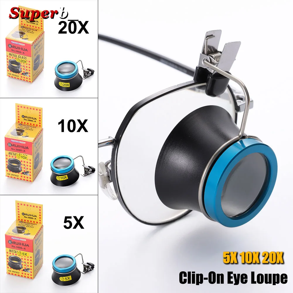 Lupa de Olho Portátil com Clip 5X 10X 20X para Óculos, Lente de Aumento para Operação de Precisão, Ferramenta de Reparo para Relojoeiros