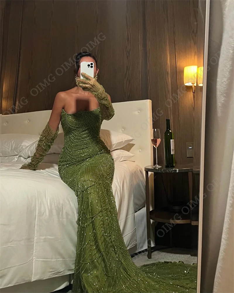 OIMG Green Beads Sequin Long Prom Dress Mermaid Arabic Shiny Long Formal Evening Party Gowns For Women Floor Length 2024