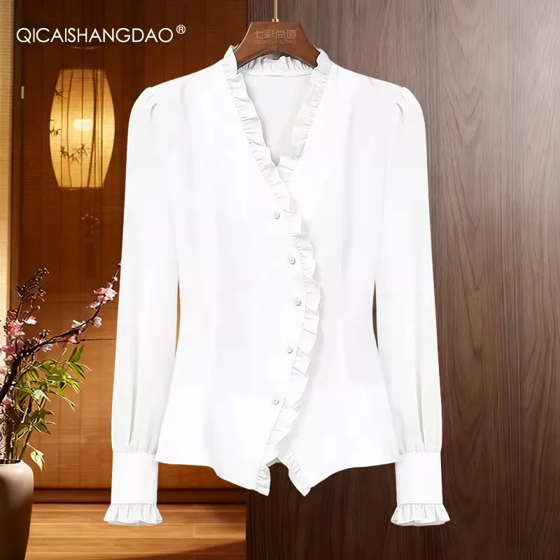 

Office Ladies White Ruffles Blouse Long Sleeve Elegant Slim Asymmetrical Button-down Shirt Spring Summer Women Tops