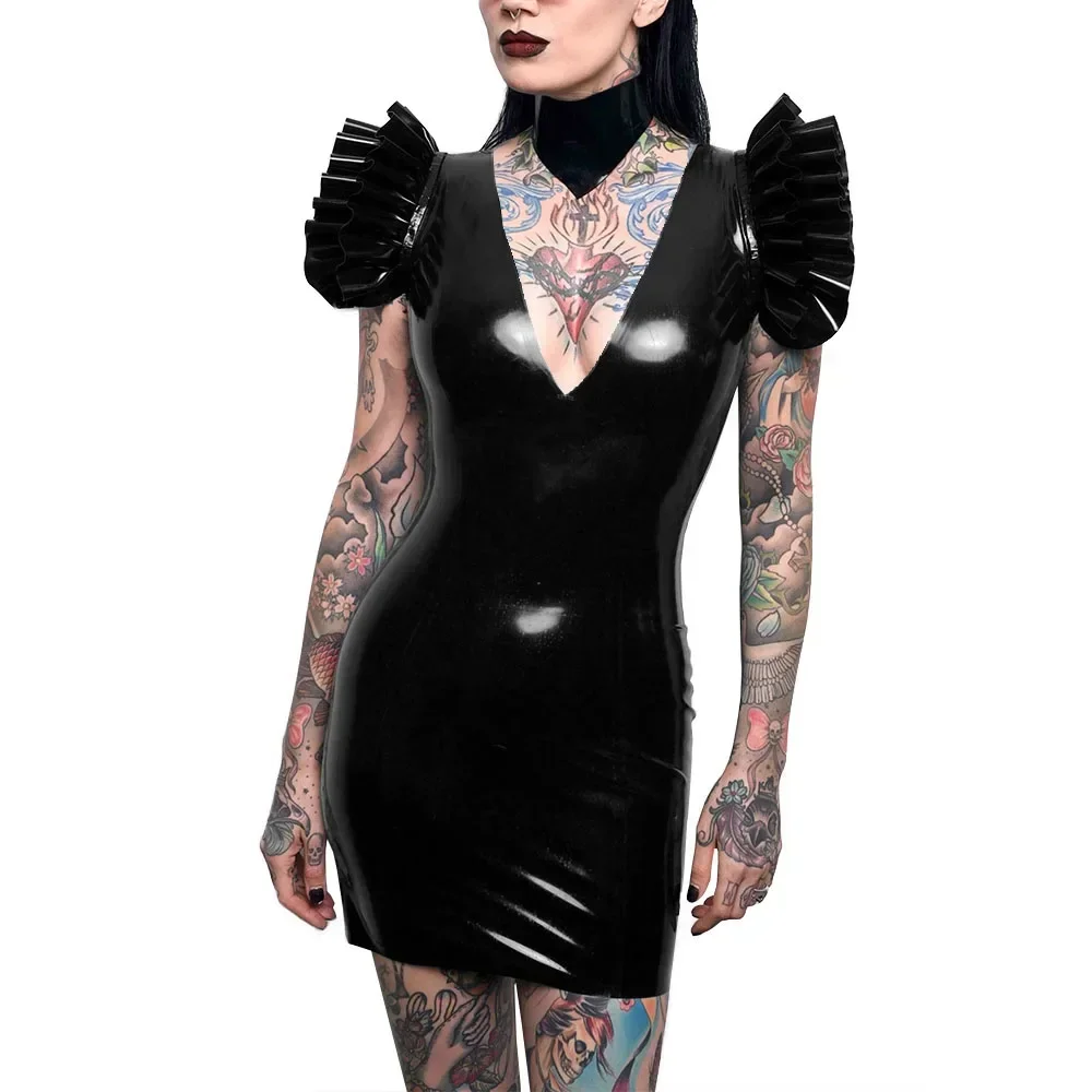 Gothic Girl Sexy Flying Sleeves Bodycon Mini Dress Shiny PVC Leather Sissy Deep V-neck Dress for Women Package Hip Dress Vestido