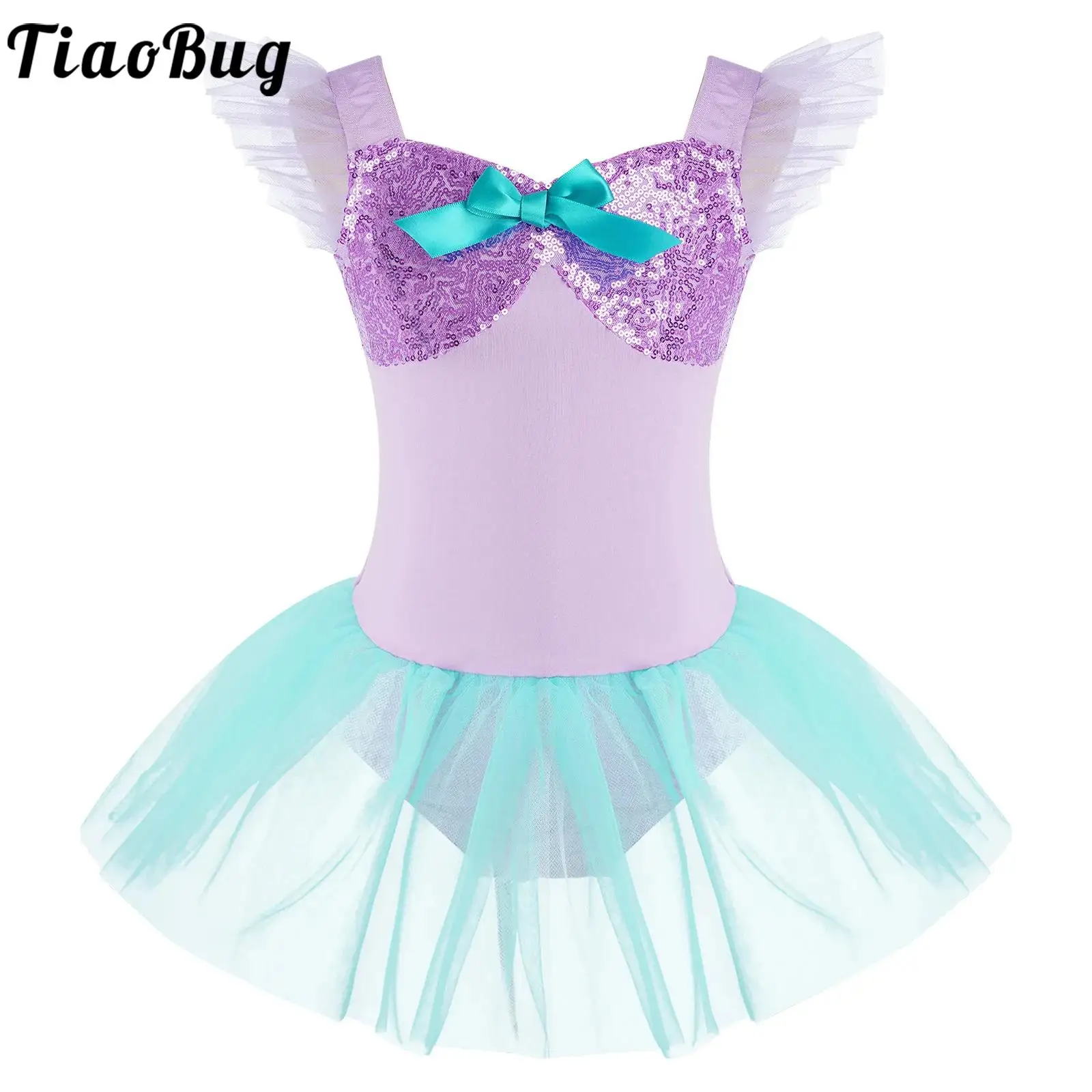 Kids Girls Ballet Gymnastics Dance Wear Costume Ruffled Sleeves Bow Sequins Tulle Tutu Dress for Jazz Stage Performance Practice