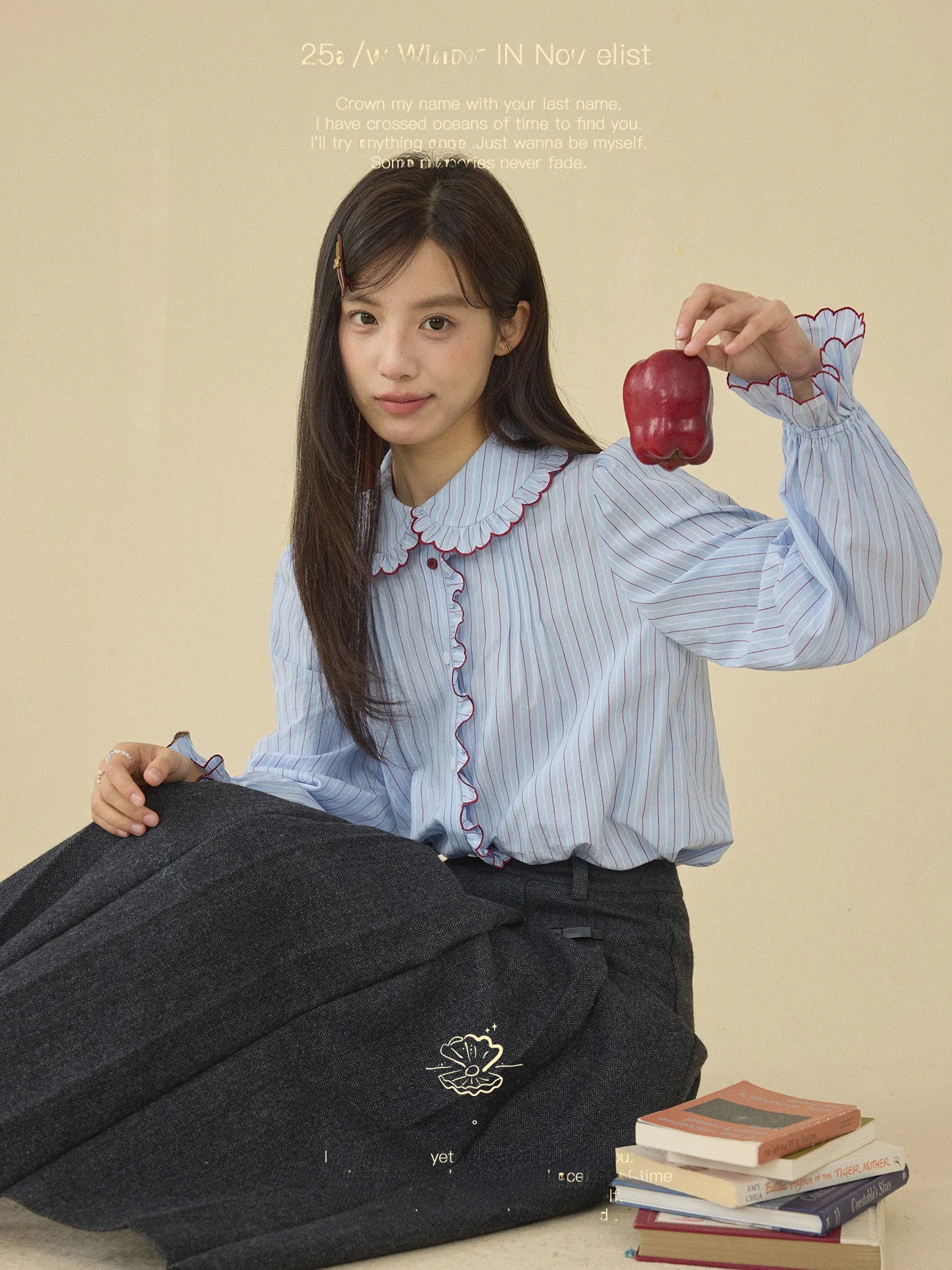 

Nov Et Doll Collar Long Sve Striped irt Women's Blue Color Blo Design Cotton French Sle Loose Fit Breathable irt