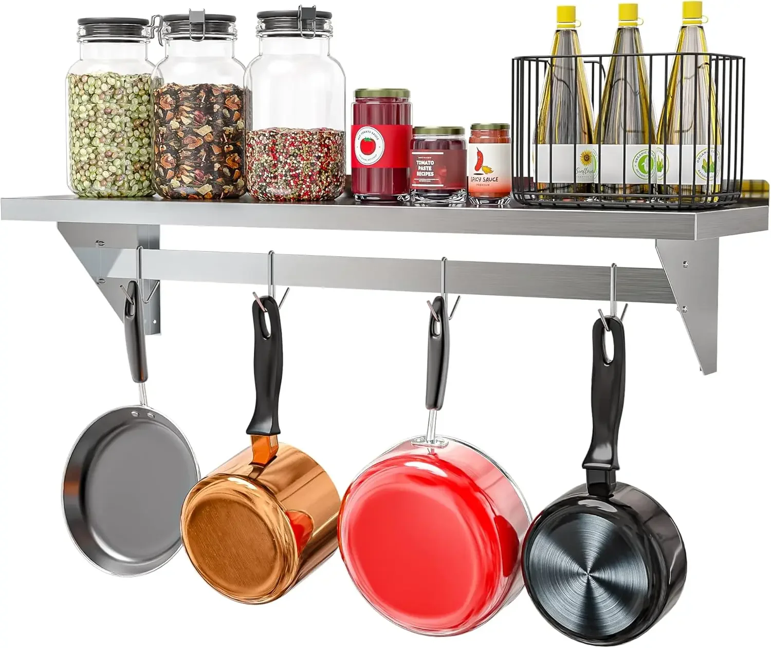 

Commercial Wall Mounted Pot Rack Organizer Shelf with 4 Removable Storage Hooks for Pots and Pans, Utensils, Kitchen Cooking