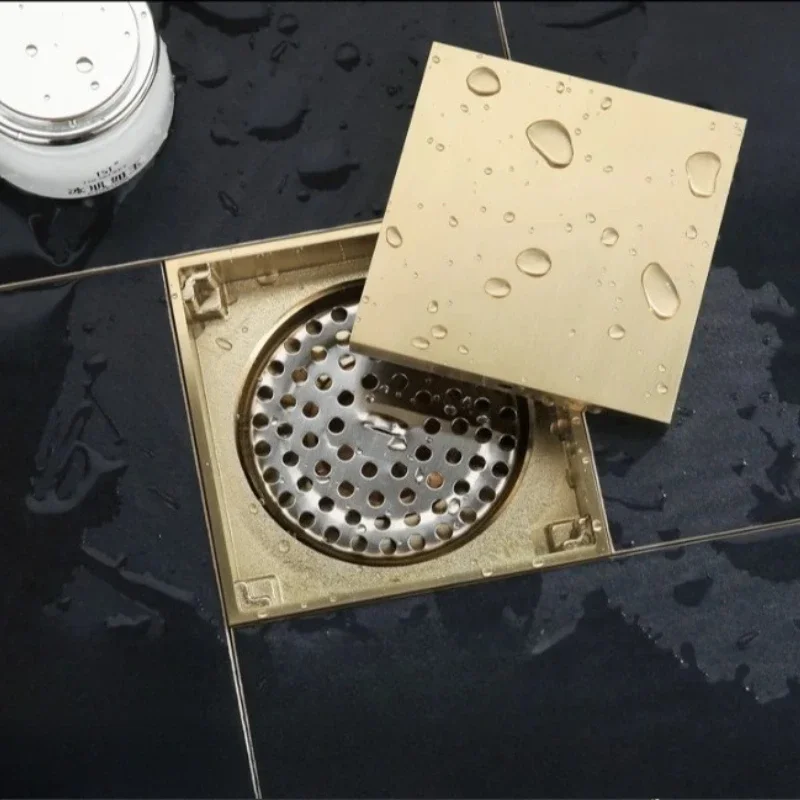 Hidden gold 10cm square floor drain in the bathroom, all copper brushed gold floor drain, anti odor belt filter core
