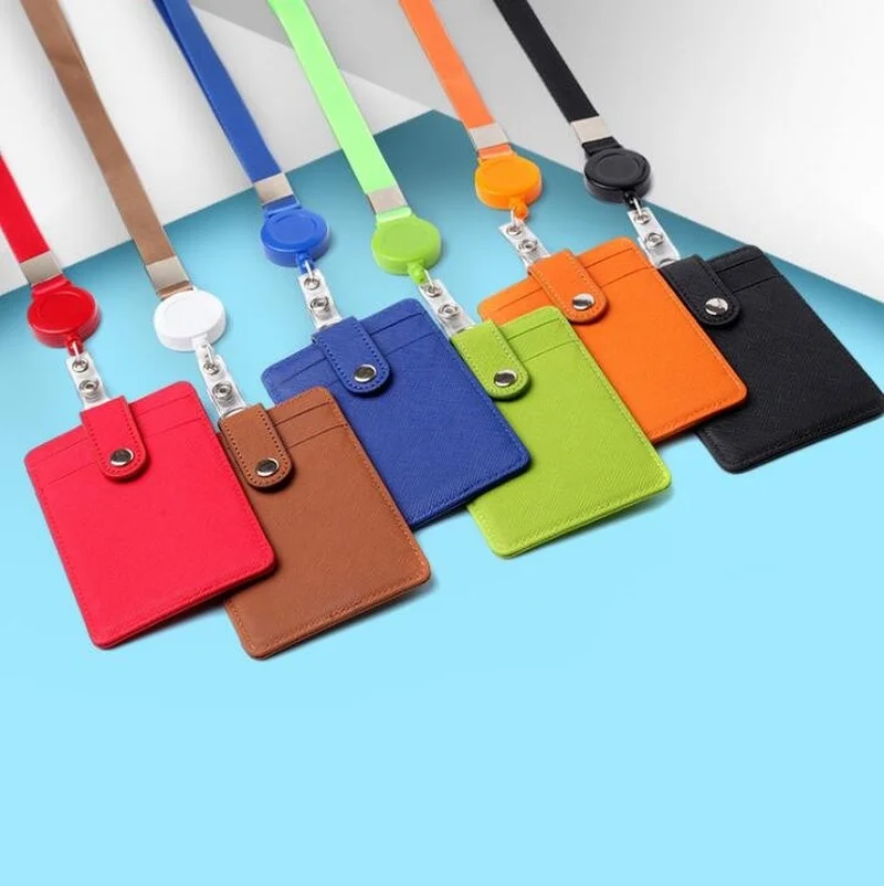 PU Leather Badge Holder with Retractable Lanyard ID Card Holder Name Tag School Office Supplies