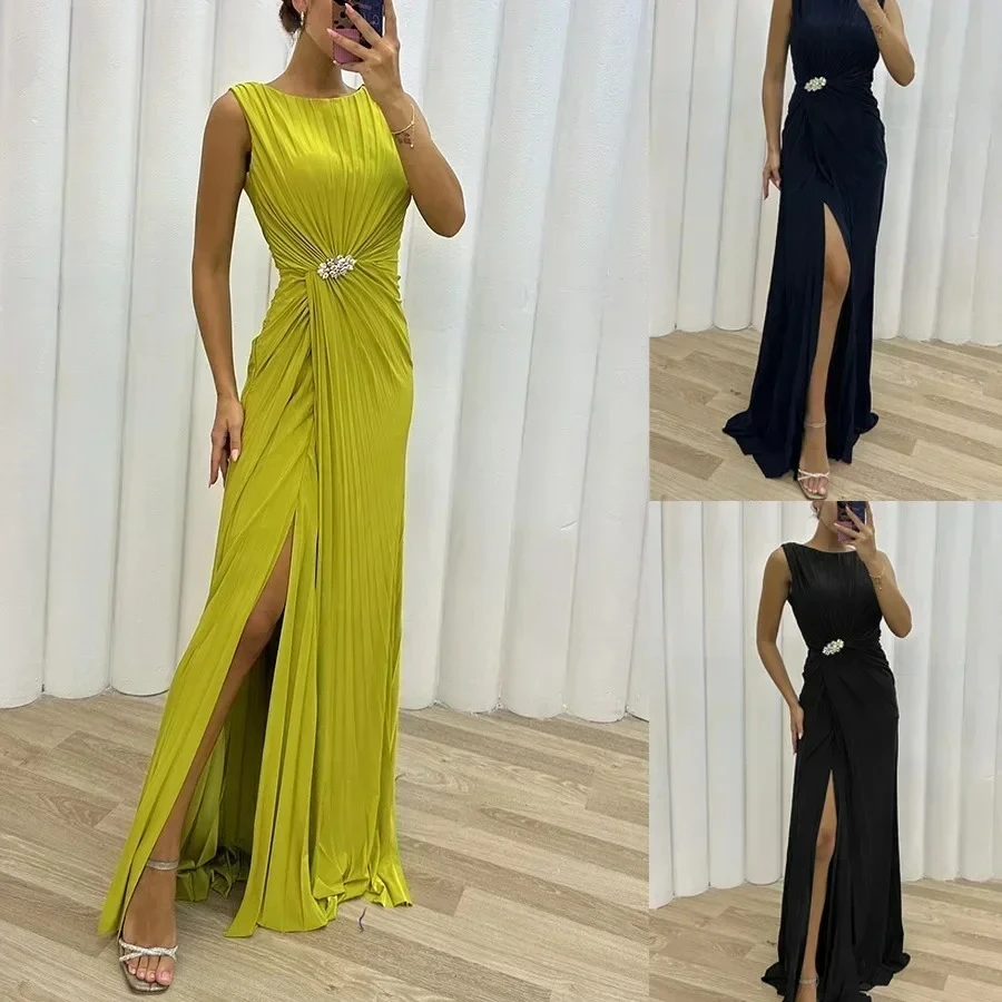 New Sleeveless Solid Party Slim Empire Split Female Elegant Round Neck Fashion Long Clothing Women Sexy Dress