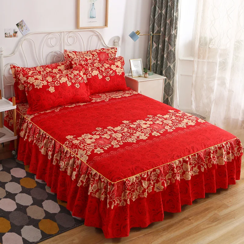 

3pc Princess wind soft breathable polished bed skirt three-piece bed cover [bilateral bed skirt + a pair of pillowcases]