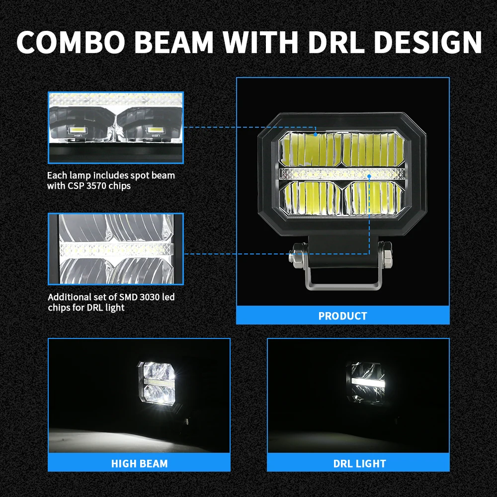 LupuAuto 4-inch Off Road Vehicle Light Bar 6000K Spot Combo Daytime Driving Barra LED Headlight for ATV Car Trucks SUV ATV Boat