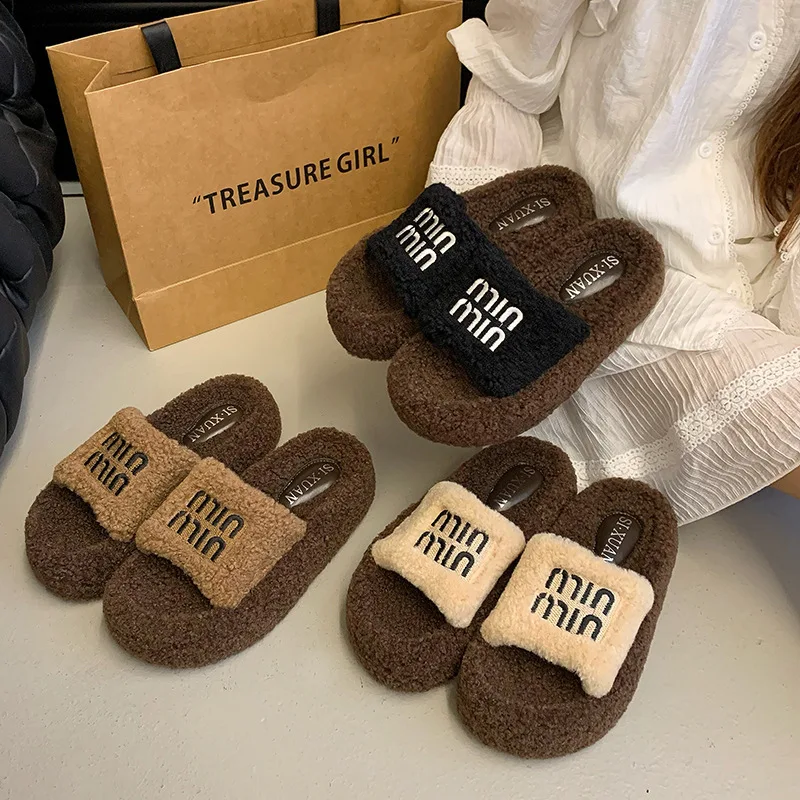 Women Fur Slippers Thick Soled Woolen Slippers For Outdoor Wear 2024 Autumn And Winter Letters Lamb Wool Slippers