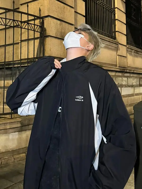 

American Sle Loose Men's Jaet Stand Collar Splice Color Blo Sportswear Street Retro Couples Match Outerwear Coat