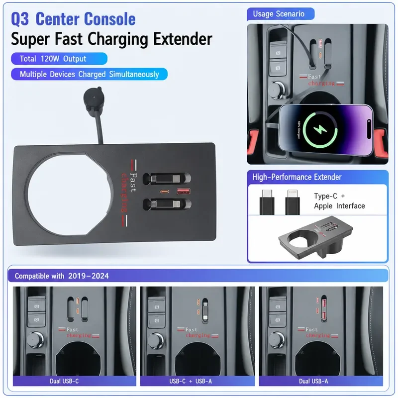For Audi Q3 120W Fast Charging Docking Station Multi Function USB Interface Interior Modification Accessories