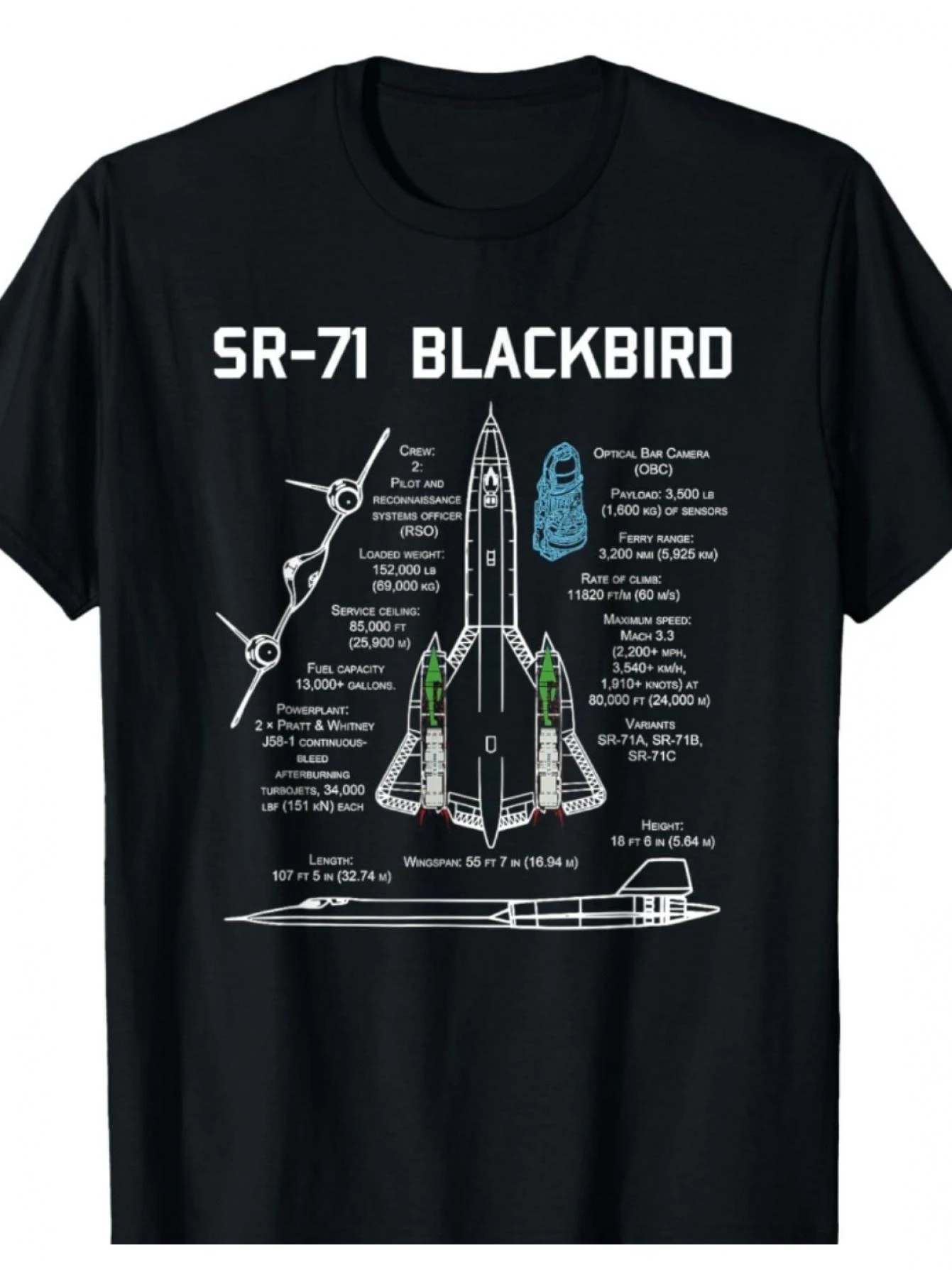 Men's Plus Size SR-71 Blackbird Aircraft Specs T-Shirt - Aviation Enthusiast Tee with Speed, Altitude & Performance Charts