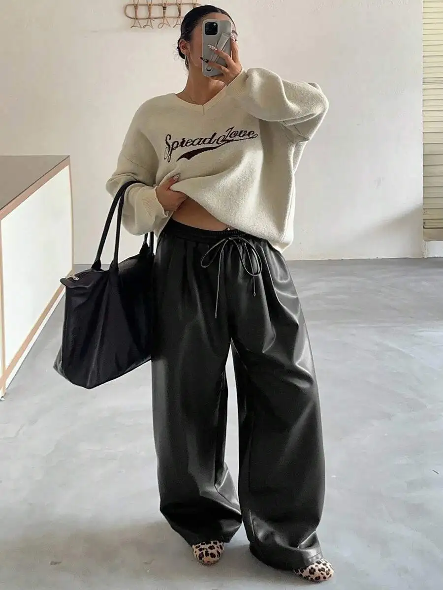 Dazy Plus Plus Size Women Loose Straight Leg PU Leather Pants With Drawstring Waist, Casual Street Style, Suitable For