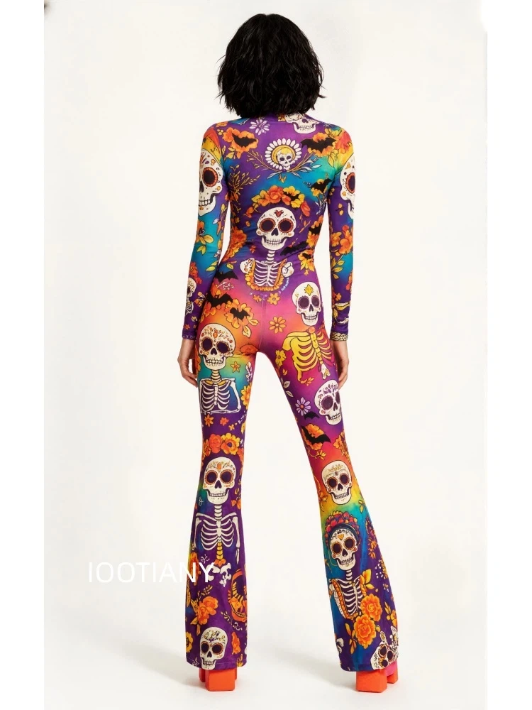Damen Halloween Skelett Sugar Skull Blumen-Jumpsuit Clown Schlaghose Bodysuit Cosplay Festival Party Zentai Kostüm – Detail 7