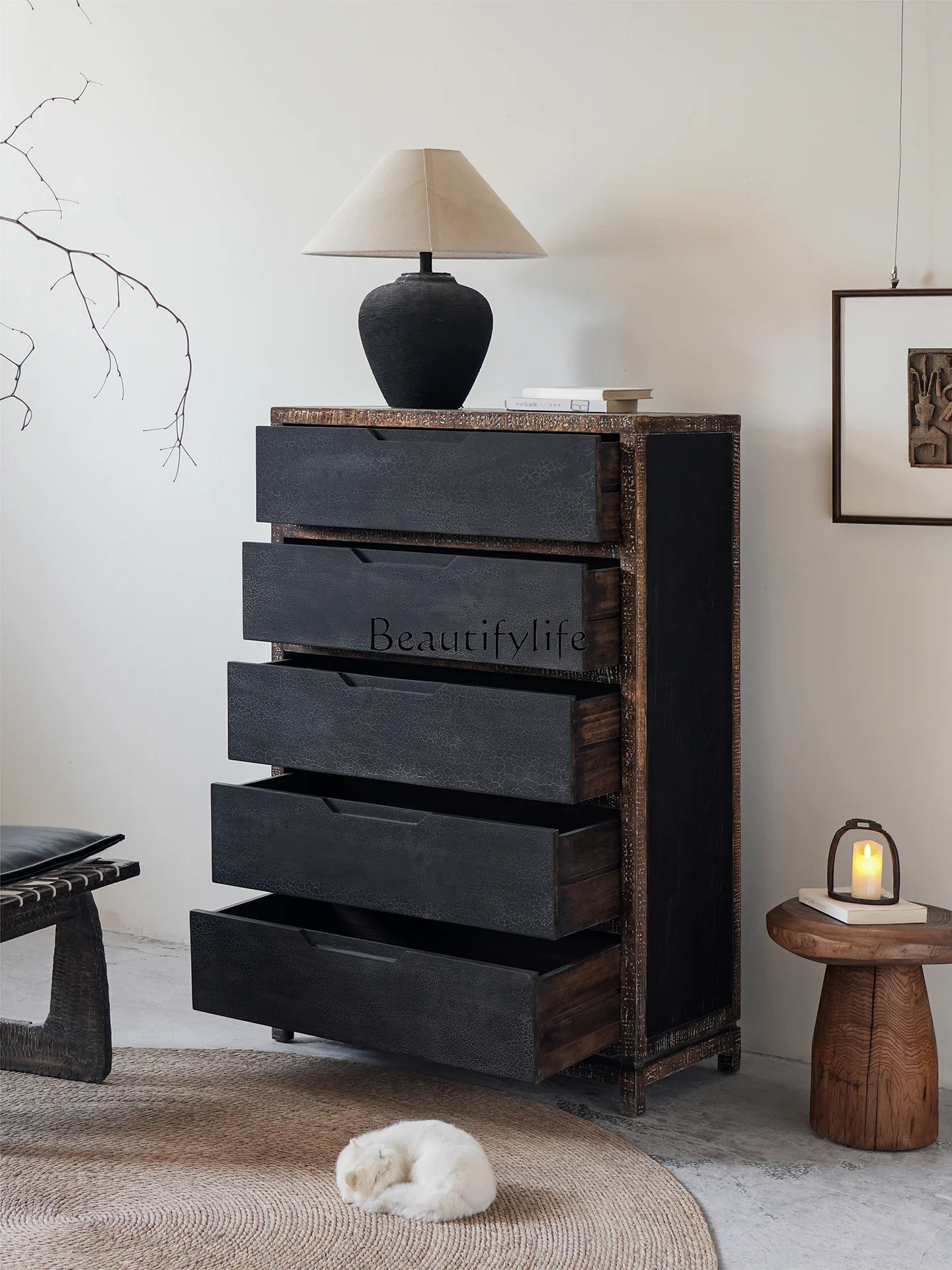 

yj21 Wabi Sandy Wind Solid Wood Bucket Cabinet Living Room Wall Entrance Decorative Cabinet