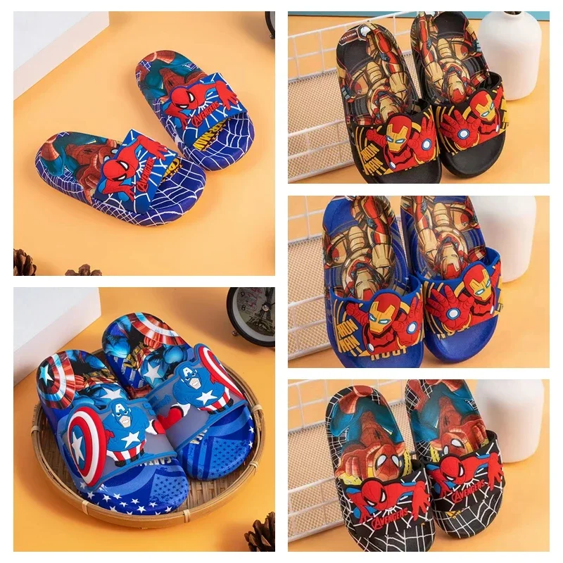 Children Slippers Cartoon Spiderman Iron Man Captain America Baby Boys Girls Flat Kids Beach Home Anti-slip Shoes Inside Outside