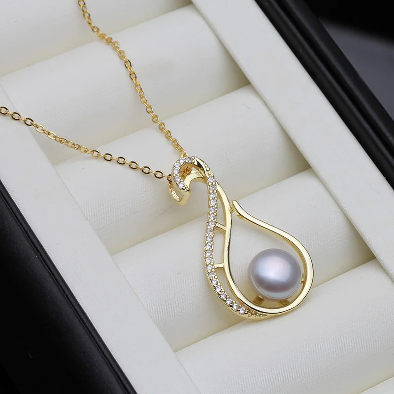 925 Sterling Silver Necklace Pendant Necklace,Gold Plated Natural Freshwater Pearl Pendant Chain Necklace Women