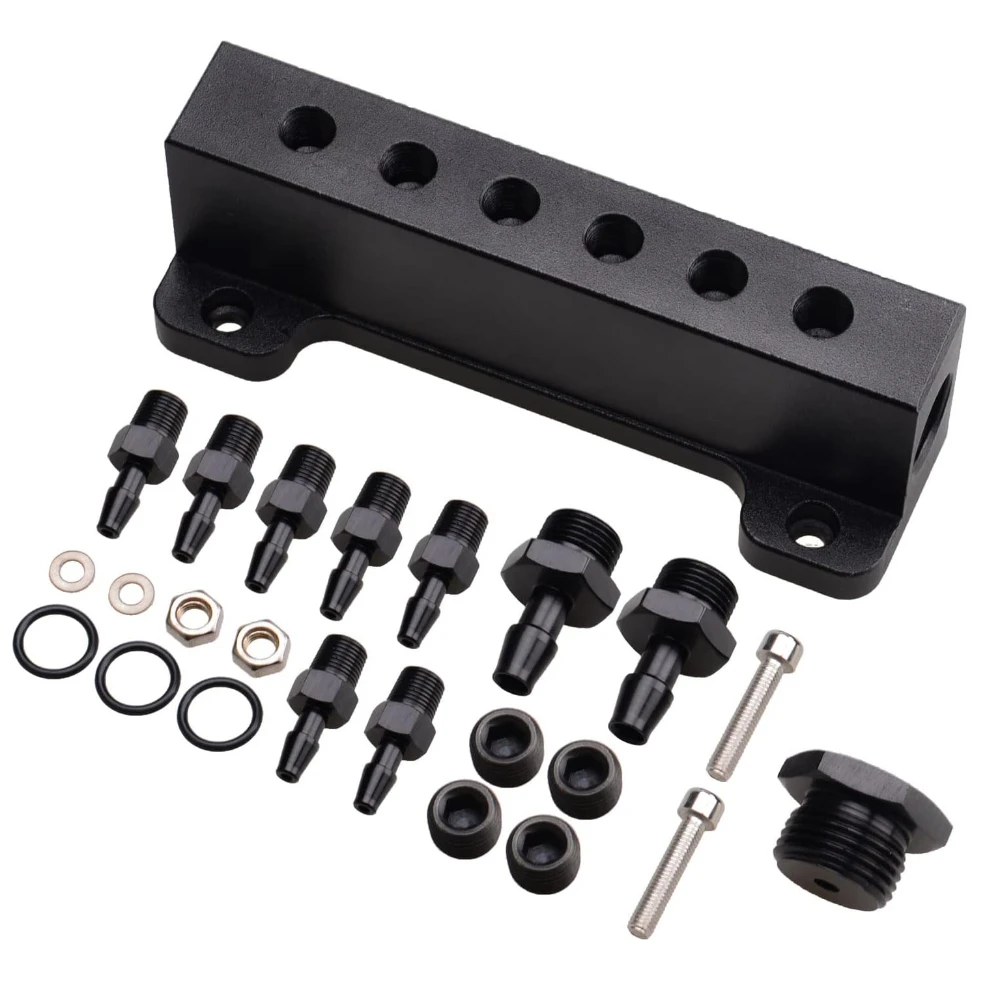 

6 Port Vacuum Block Intake Manifold Kit Fuel Wastegate Turbo Boost 1/8NPT Compatible with Boost Controllers and Meters