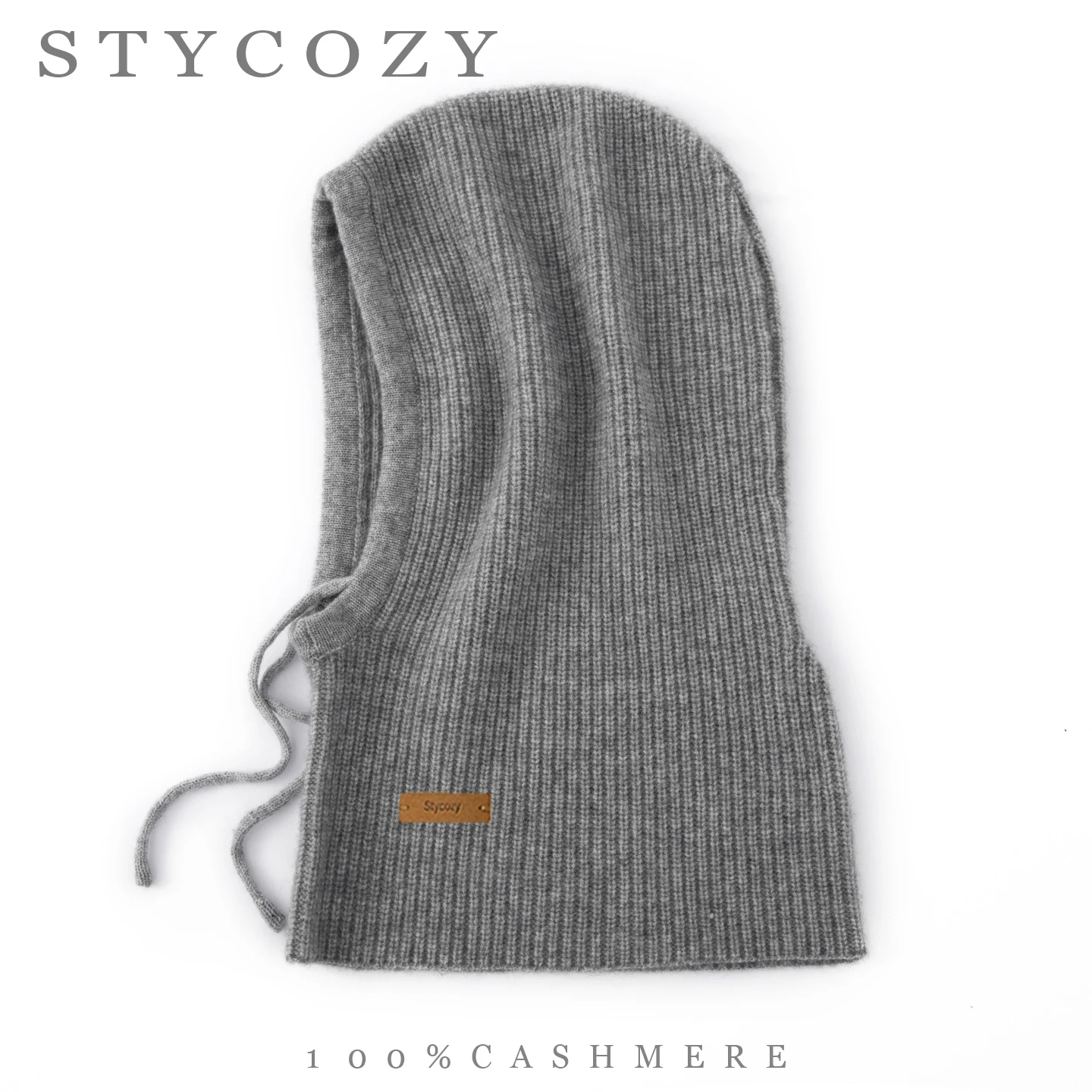 Unisex 100%Cashmere Ribbed Knit Balaclava Solid Color Drawstring Adjustable Neck Cover Winter Windproof Warm Outdoor Knitted Cap