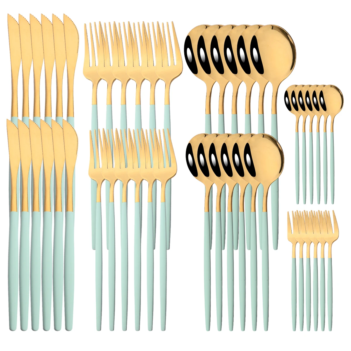 48Pcs Mint Gold Cutlery Set Mirror Stainless Steel Flatware Dessert Knife Fruit Fork Coffee Spoon Dinnerware Kitchen Tableware