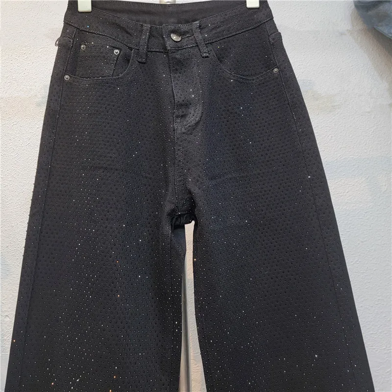 2025 New Fashion Summer Women's Jeans High Waist Single Sided Full Rhinestone Black Straight Wide Leg Denim Pants