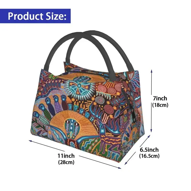Huichol المكسيكي الفن معزول حقيبة حمل الغداء للنساء المكسيك الجمجمة السفر الإسبانية الحب الأسود المحمولة برودة الحرارية بينتو صندوق #3