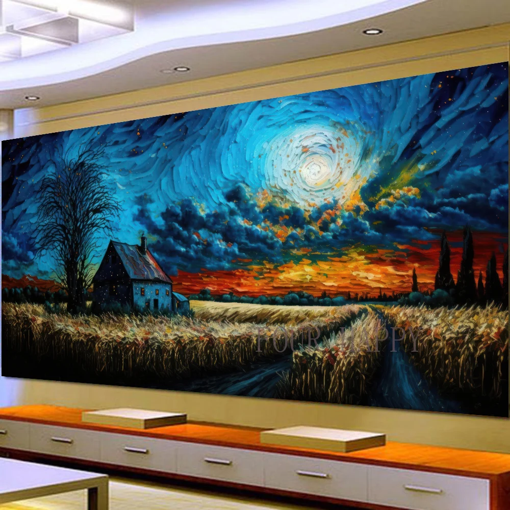 5D DIY Large Diamond Painting Cross Village House and Tree Landscape Wall Art, Full Round Drill, Embroidery Home Decor