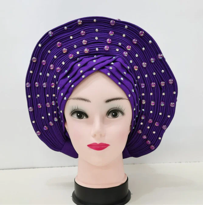 auto gele already made headtie bonnet nigerian aso oke with beads&stones turban femme head wrap african headtie for party