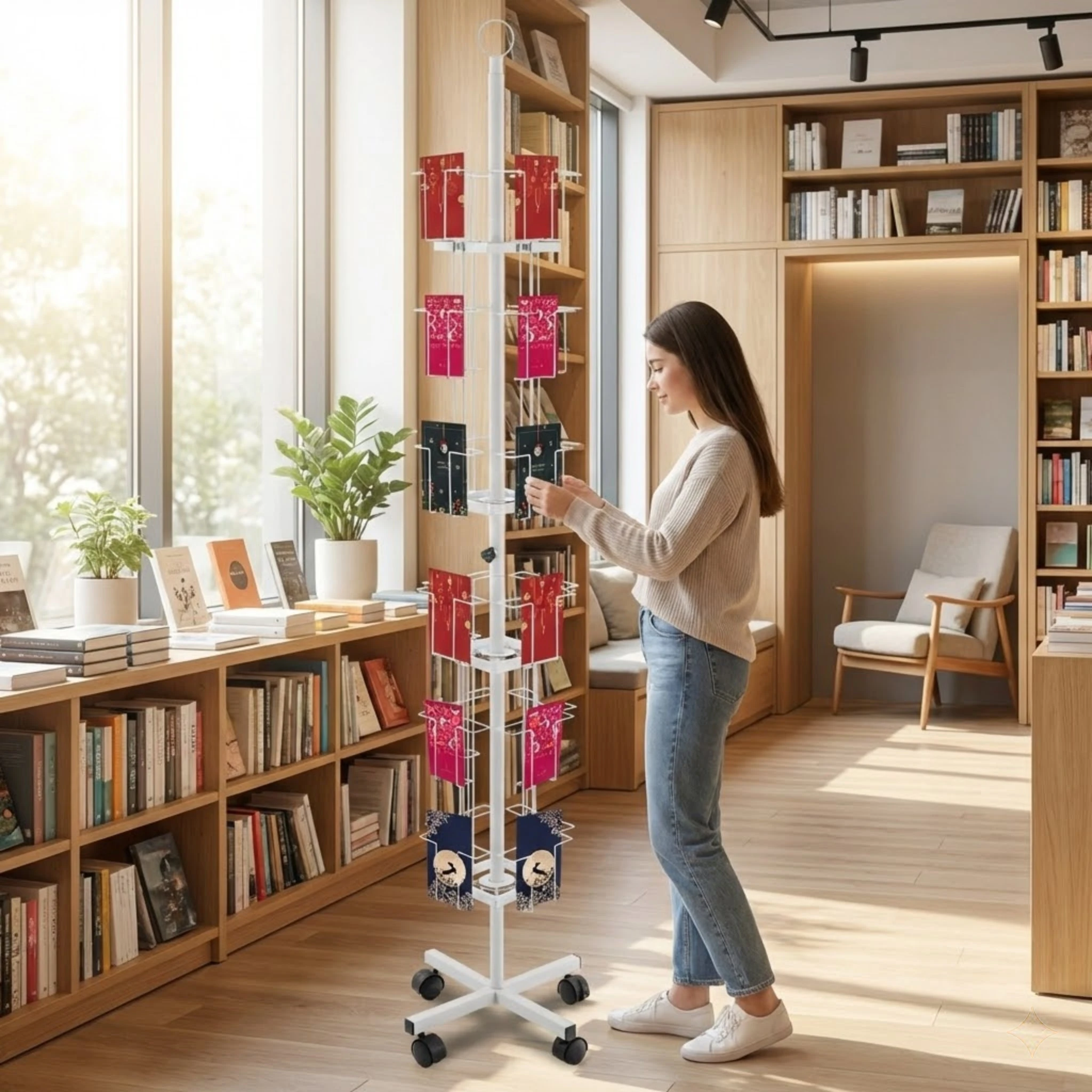 

White Metal Postcard Holder Stand for 5x7 Inch Cards with 4 Wheels and Brakes