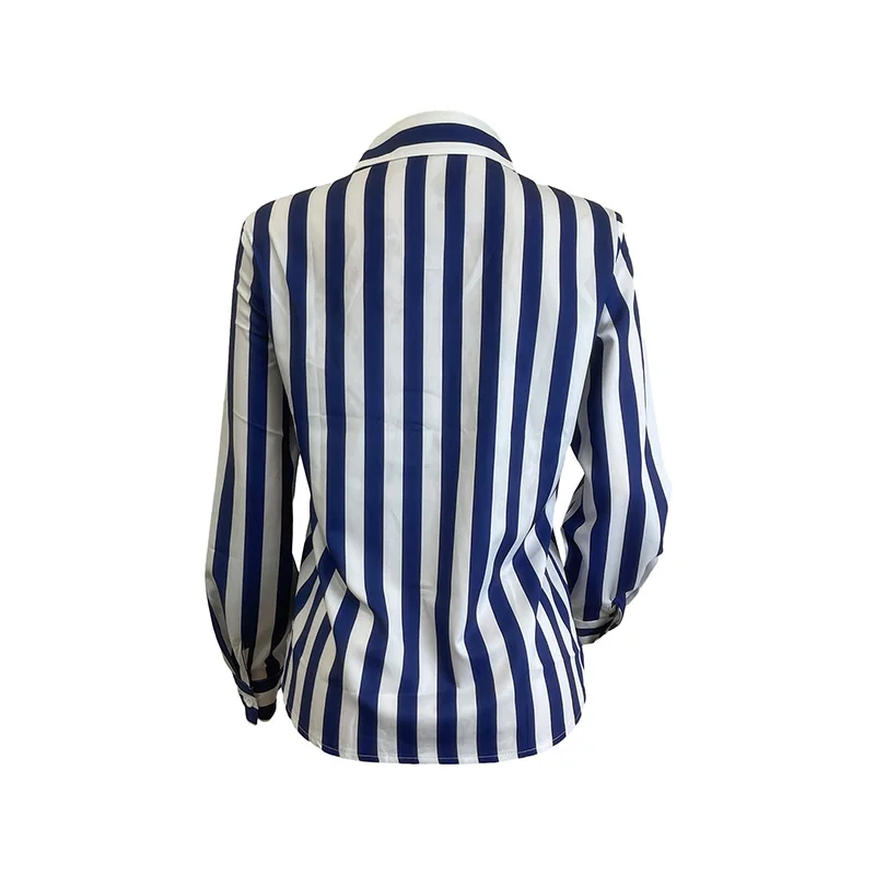 Stigende White Blue Striped Loose Fit Shirt Women Elegant Lapel Neck Button Blouse