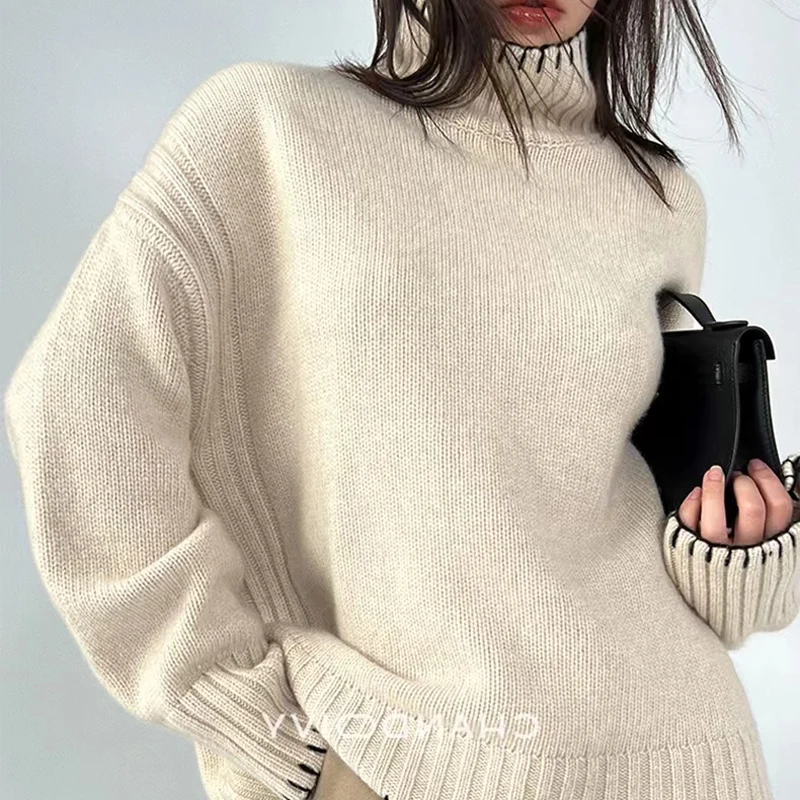 100% Pure Wool Cashmere Sweater Women\'s 2023 Autumn Winter New Turtleneck Pullover Fashion Loose Large Size High Neck Knit Tops