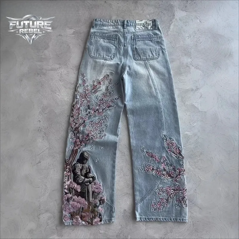 

Mens Jeans Vintage Light Blue Wide Leg Denim Pants Embroidery Knight Sakura Flower Washed Loose Fit Retro Style Y2K Streetwear
