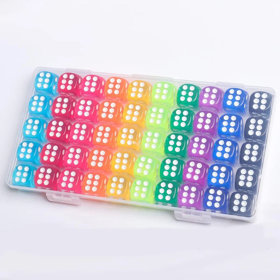 51 قطعة النردات الشفافة الملونة مع صندوق تخزين مجموعة 14 مللي متر الاكريليك السائبة 6 الوجهين النردات لألعاب المجلس الرياضيات التعلم الفصول الدراسية JXB
